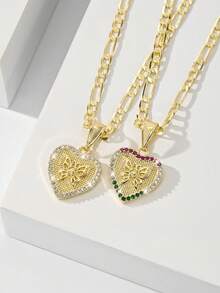 Set de 2 collares con colgante de corazón y mariposa chapado en oro de 14K de pareja, incrustado con circonita de colores, con significado romántico, adecuado para el Día de San Valentín, aniversario, regalo de cumpleaños para parejas - Amarillo Oro - Ver 3