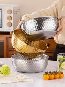 1件/3件装不锈钢金/银锤纹沙拉碗，蔬果搅拌碗，烘焙工具碗，韩式商用餐碗，意面碗，冷面碗，酱料碗，厨房用具 - 彩色 - 查看 8