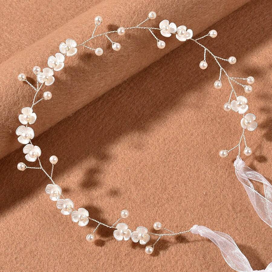 1 pieza Diadema con cadena suave y flor de perla para mujeres - Plateado - Ver 1