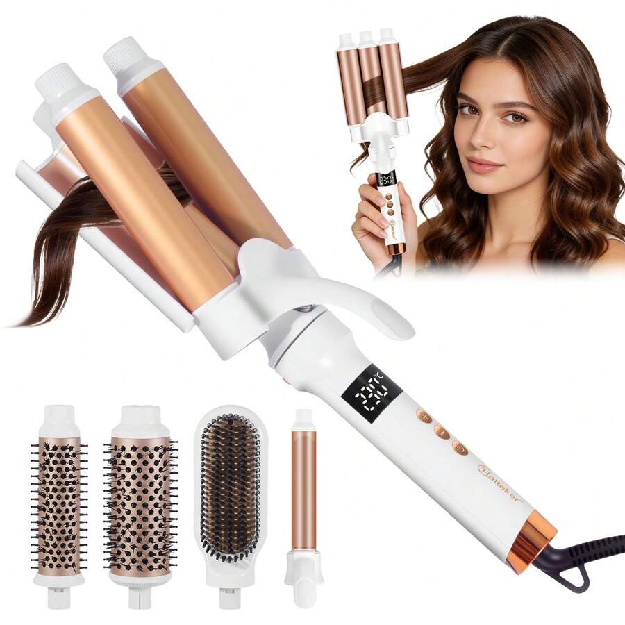 Hatteker 1pc Multi-Function 3-Barrel Curling Iron Set, Multi-In-One Home/Salon Hair Curler, Big Wave Curler & Straightener - Champagne - View 1