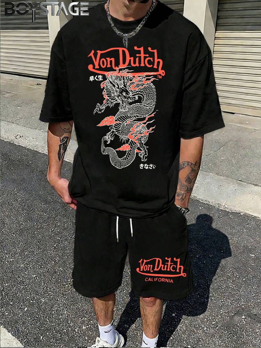 Men's Printed Pattern T-Shirt Shorts Set,  Von Dutch Shirt,Graphic Tees, 2026 New Casual Men's Set,Camisetas Para Hombre,Shorts De Hombre - 黑色 - 查看 1