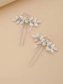 2 piezas Horquillas de pelo vintage plateadas con perlas y diamante de imitación, accesorios de pelo nupciales hechos a mano, diseño de hoja en forma de U Clips de pelo para boda - Plateado - Ver 1