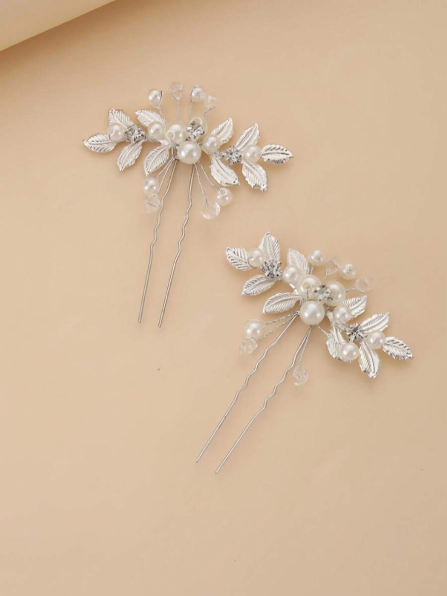 2 piezas Horquillas de pelo vintage plateadas con perlas y diamante de imitación, accesorios de pelo nupciales hechos a mano, diseño de hoja en forma de U Clips de pelo para boda - Plateado - Ver 1
