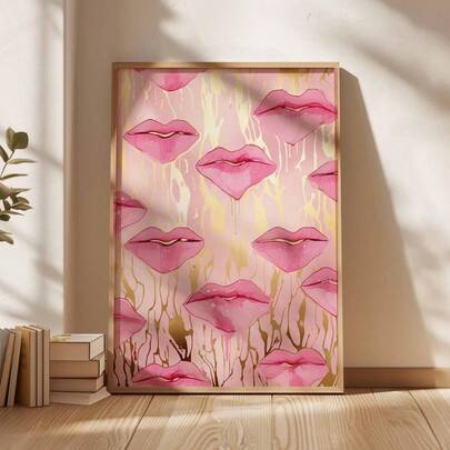 1 Pc Pink Lip Gloss Canvas Printed Wall Painting, Gorgeous Pop Art Poster With Golden Water Droplet Design, Bold Frameless Decorative Murals In Women'S Bedrooms, Fashionable Makeup And Art Pieces