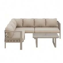 Garden Furniture Set For 6 People, Corner Configuration, Galvanized Steel Tubes, Glass Tabletop, Teslin Rope Weaving, Includes Dining Table, Bench, Chairs And Sofa, Khaki Color. - Khaki - View 9