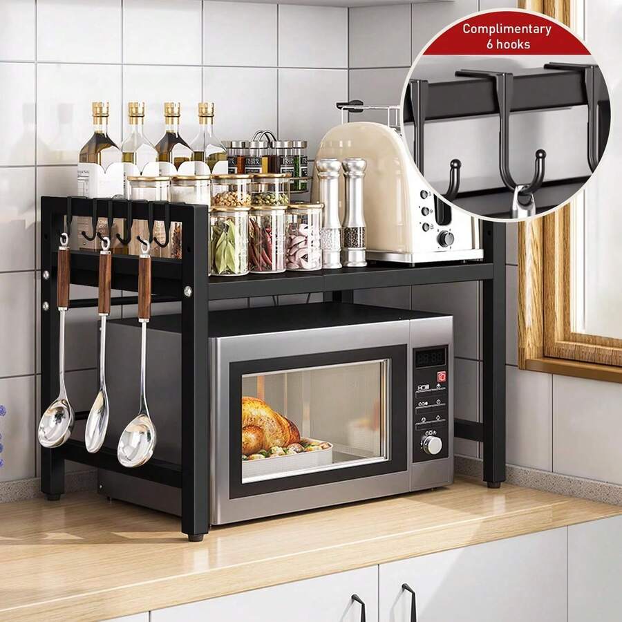 Ubravoo 1pc Expandable 42-64cm Microwave Shelf Organizer, Moisture And Rust Proof Microwave Countertop Organizer,Kitchen Utensils Tableware Storage,Over ,Kitchen Storage Rack - Black - View 1