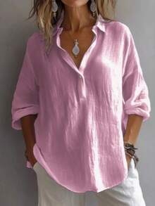 Women'S Elegant And Comfortable Loose Solid Color Long-Sleeve Shirt For Spring And Autumn. A Relaxed Style With A Collar And Half-Button Placket, Perfect For Casual Wear. This Versatile Top Is Suitable For Both Office And Leisure Time - 粉色 - 查看 11