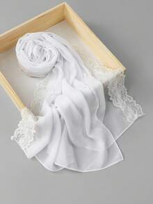 1 pieza Hiyab de unicolor con encaje de contraste para mujer, + Hiyab de viscosa, elegante pañuelo largo de 70x180cm con encaje delicado, pañuelo musulmán ligero y transpirable en múltiples colores, para playa y vacaciones - Gasa con ribete de encaje multicolor - Ver 6