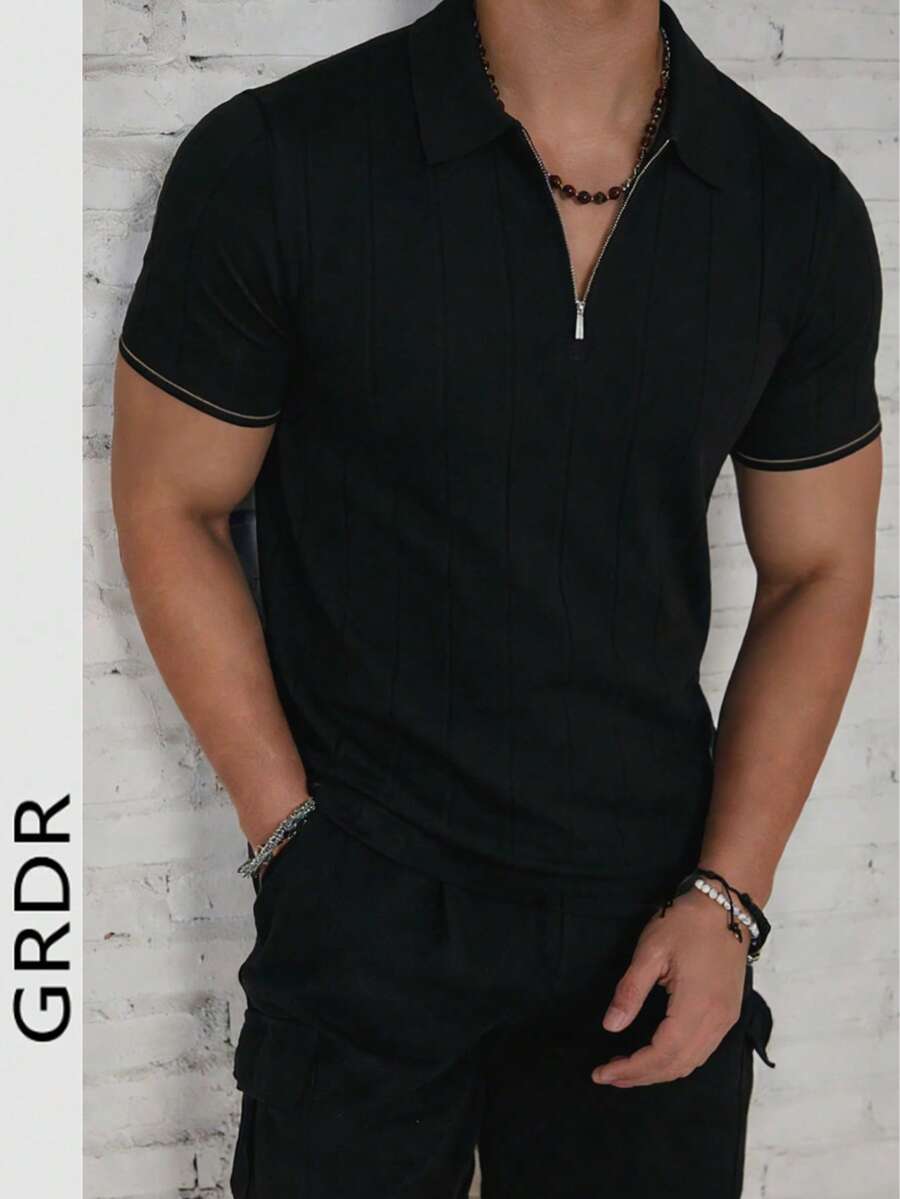 GRDR 男士 Polo 领竖条纹针织休闲简约短袖 T 恤 - 日常通勤服 - 黑色 - 查看 1