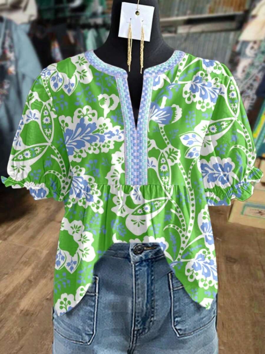 Vintage Bell Sleeve Blouse - Short Puff Shirt Top, Retro Casual Summer Dress To Face Blouse For Spring/Summer Outfits, Regular Fit Non-Stretch Elegant Smock (Matching For Any Of The Above Are All Acceptable) - [Nhiều màu] - Xem 1