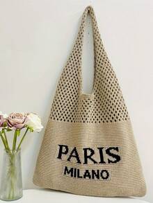 Vintage Cut Out Buchstaben gestrickter Shopper, modische Damen Schultertasche Strandtasche, gehäkelter gewebter Beutel - A - Übersicht 2