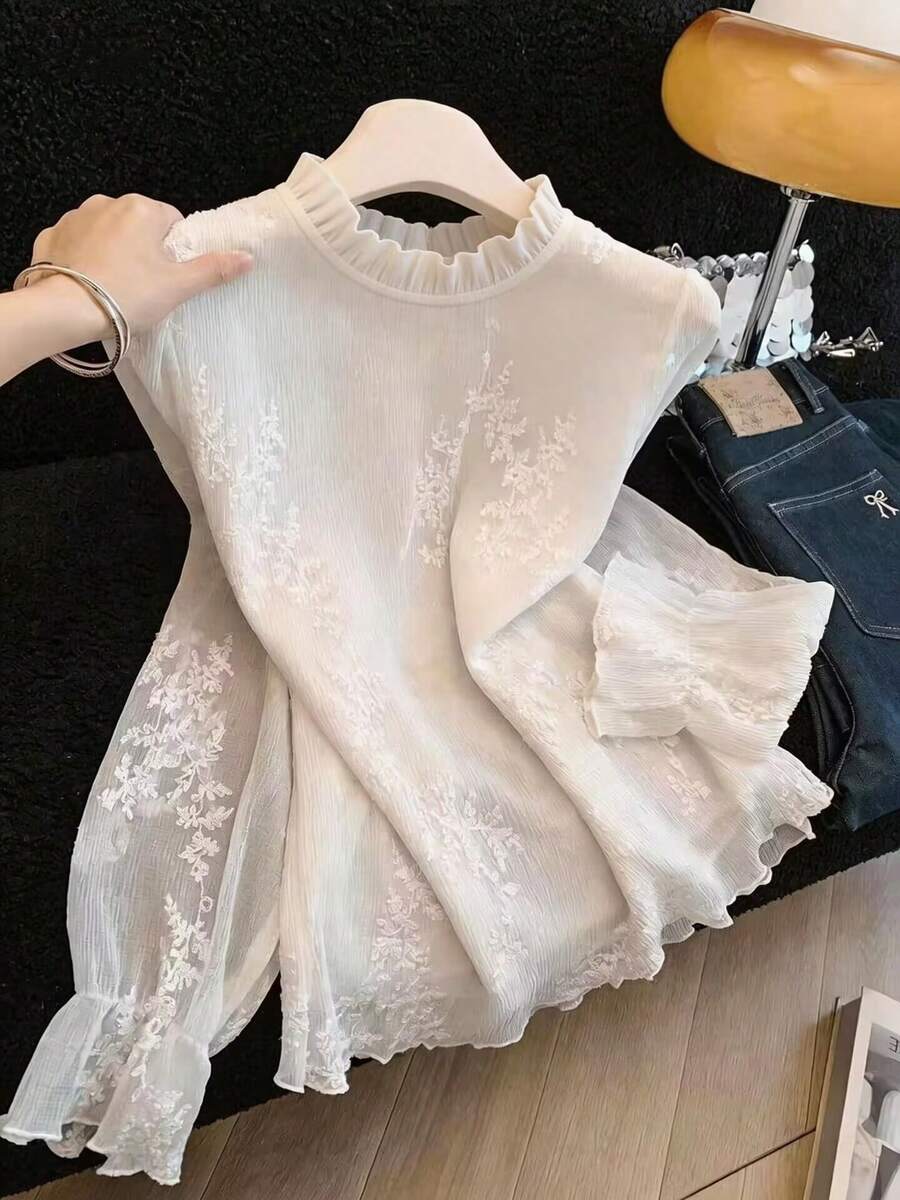 Women's Solid Color Ruffle Collar Blouse, Suitable For Evening Dates Spring - Apricot - View 1