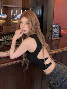女款純色無袖圓領羅紋針織背心上衣，修身黑色夏季優雅休閒甜美性感街頭風 - 黑色 - 查看 6