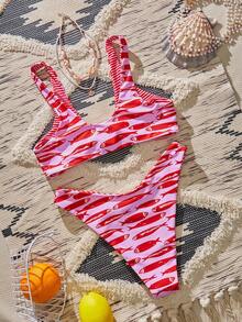 Bộ bikini mùa hè mới dành cho nữ, bộ bikini thiết kế xoắn hai mặt in họa tiết lãng mạn, thanh lịch, thích hợp cho kỳ nghỉ biển, lễ hội, tiệc tùng, ngày Valentine, lễ hội hóa trang, đồ bơi nữ, đồ đi biển nữ - Màu Hồng Tươi - Xem 4