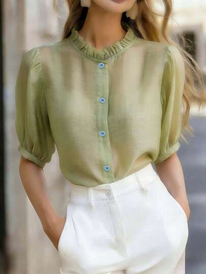 Áo kiểu nữ thanh lịch bằng polyester, tay ngắn, cổ bèo nhún, thắt nơ, chất liệu hơi xuyên thấu, thích hợp cho mùa hè.