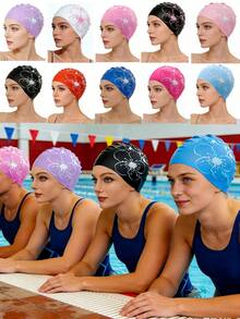Printed Silicone Swimming Cap - Highly Elastic Silicone Swimming Cap - Suitable For Outdoor Water Sports, Durable Swimming Accessory - Ear Protection, Suitable For Long Curly Hair - Adult Training, Beach Essential, Beach Accessory, Ideal For Pool Floats - Multicolor - View 11