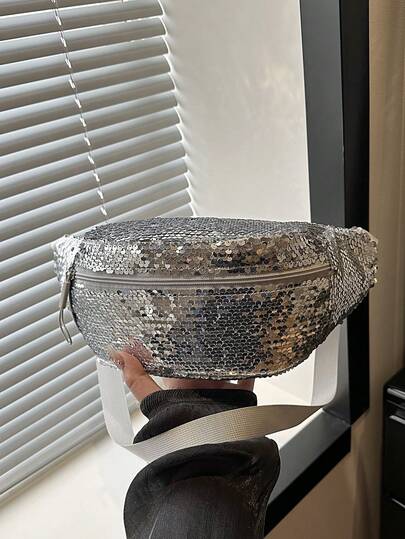 Túi đeo hông đính sequin bạc, túi đeo ngực đính sequin lấp lánh, túi đeo chéo phong cách dự tiệc, túi xách đa năng sang trọng màu bạc.