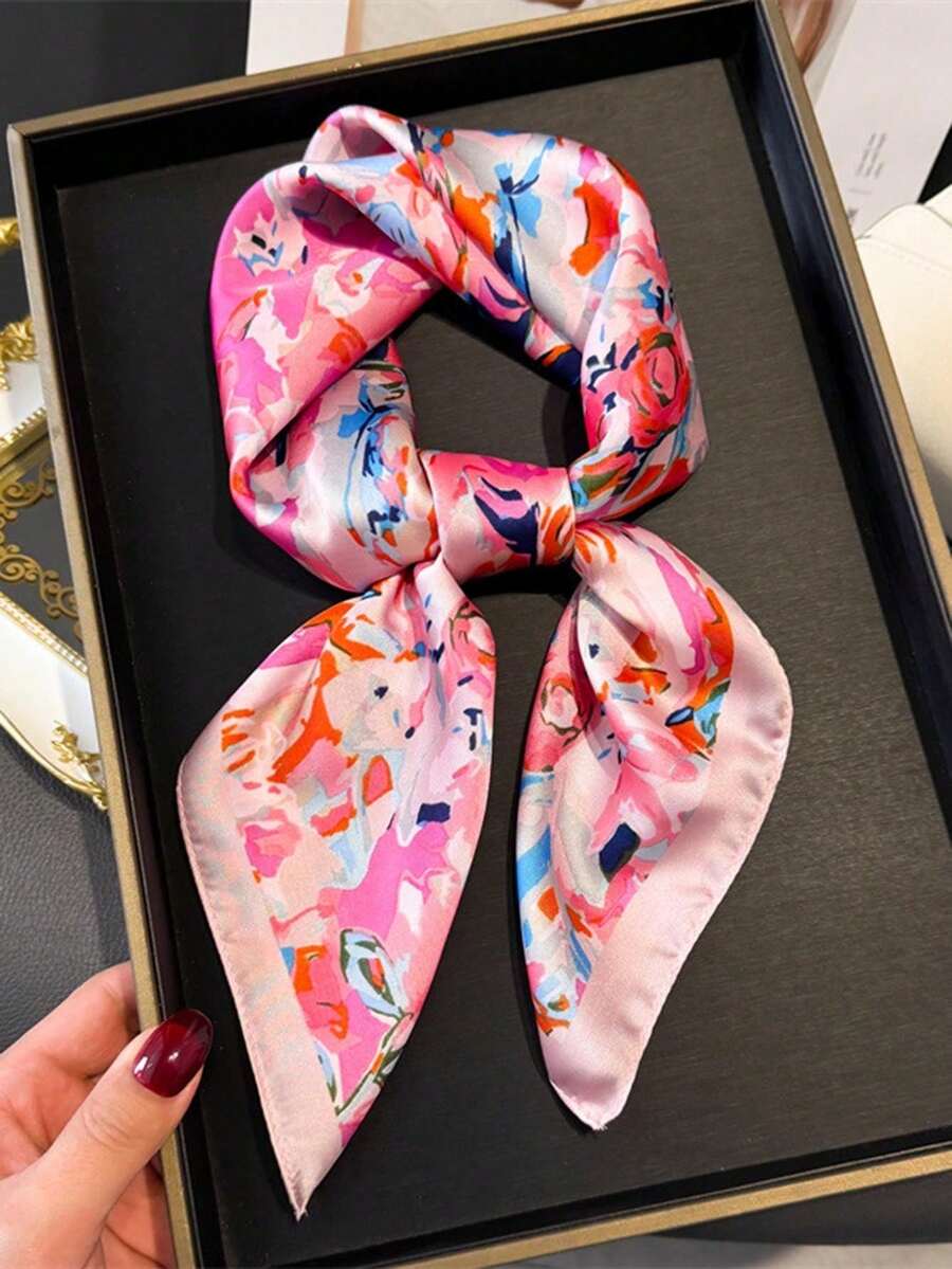 1条女士优雅复古印花轻薄缎面方巾，波西米亚复古休闲围巾/披肩/头巾，轻薄舒适，适合春夏日常佩戴 - 粉色 - 查看 1