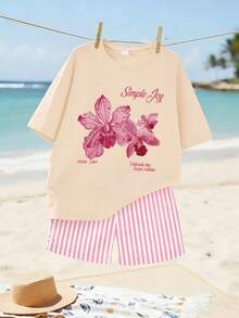 2pcs/Set Orchid Print T-Shirt & Striped Shorts Set For Teen Girls, Soft Comfortable Cute Summer Outfit - Apricot - View 2