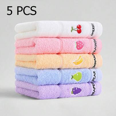 5条柔软棉质水果图案刺绣面巾，适合日常沐浴使用