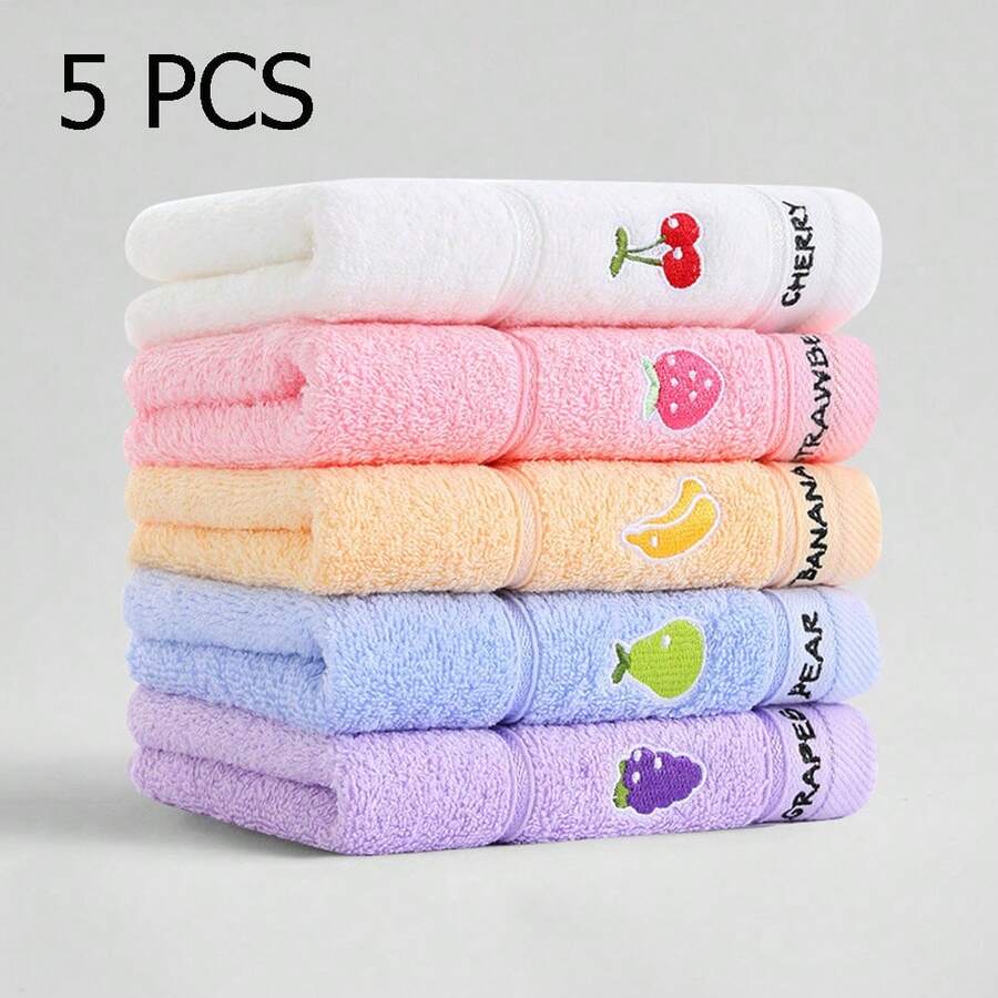 5条柔软棉质水果图案刺绣面巾，适合日常沐浴使用