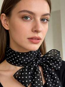 1pc Leopard Print & Polka Dot Silk Scarf, Sensual Minimalist Style, Versatile As Neck Scarf Or Belt, New Arrival Spring/Summer - 26572A Black and White Polka Dot - View 5