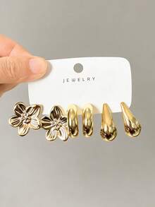 3对/9对装粗款银色耳环套装，低过敏性女士粗款耳环 - 金色 - 查看 4