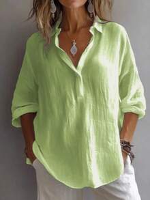 Women'S Elegant And Comfortable Loose Solid Color Long-Sleeve Shirt For Spring And Autumn. A Relaxed Style With A Collar And Half-Button Placket, Perfect For Casual Wear. This Versatile Top Is Suitable For Both Office And Leisure Time - 蒼黃 - 查看 18