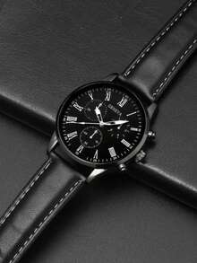 Bộ phụ kiện nam phong cách tối màu 4 món | Đồng hồ mặt đen + Mặt dây chuyền đá obsidian đen + Nhẫn bện + Dây chuyền Cuban, Cá nhân hóa, Nâng tầm phong cách của bạn - màu đen - Xem 3