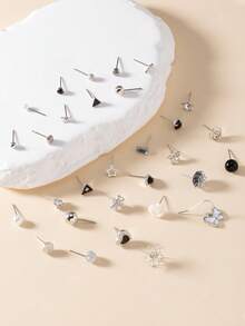 30 Pairs Assorted Minimalist Earring Set, Includes Bow, Star, Heart, Flower, Square Designs, Versatile For Daily, Date, Work Wear, Holiday Gift - Multicolor - View 2