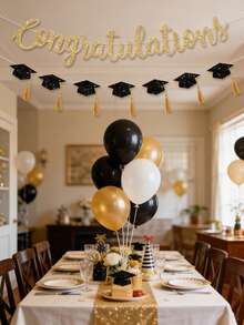 1pc Gold Glitter Congrats & Graduation Cap Banner, Pre-Strung 118 Inch Black & Gold Graduation Banner, Suitable For 2026 Graduation Party Decor - Multicolor - View 3