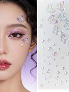 1 Set de Pegatinas de Joyería con Diamantes, Pegatinas de Mariposa 3D + Pegatinas de Cristal Plano para Maquillaje de Ojos, Joyería Facial, Decoración de Rhinestone, Look de Concierto, Gemas Faciales - Multicolor - Ver 4