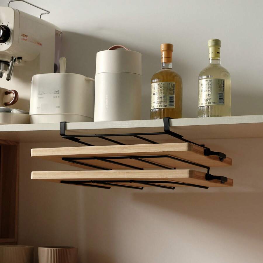 Stainless Steel Kitchen Organizer Rack, Wall-Mounted Paper Towel Holder, Double-Layer Cutting Board Rack, Cabinet Hanging Storage - Black - View 1