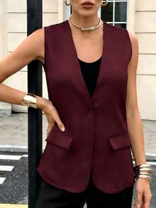 优雅夏季女士无袖西装背心，酒红色，宽松休闲，适合通勤 - 酒紅色 - 查看 3