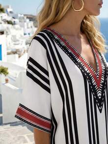 CHARIS Plus Size Black & White Striped V-Neck Straight Dress, Summer Bohemian Loose Flattering Vacation Dress Elegant - Multicolor - View 3
