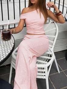 2pcs Y2K Style Sexy & Elegant Cream Yellow Knit Crop Top & Wide Leg Pants Set Summer - Dusty Pink - View 7