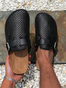 男士穆勒鞋，新款复古一脚蹬乐福鞋，休闲慵懒风，闭趾平底穆勒鞋，配有可调节绑带，有带绒内衬的秋冬款和无内衬的四季款可选。 - 黑色 - 查看 5