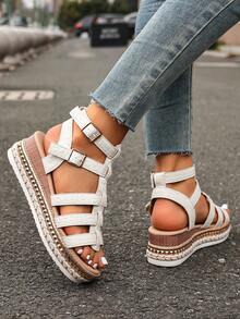 Giày sandal đế xuồng phong cách Bohemian dành cho nữ tuổi teen, đế dày dệt đinh tán, quai cài, kiểu dáng thời trang đa năng. - trắng - Xem 2