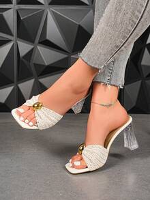 Beige Crochet Square Toe Transparent Thick Heel Mueller Cool Drag Metal Buckle Temperament High Heels Wedding Party Beach Vacation Women's Shoes - 米色 - 查看 4