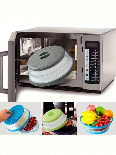 1pc Silicone Microwave Splatter Cover With Steam Vent, Foldable Microwave Lid, Multi-Function Heating Cover, Fruit & Vegetable Drainer Lid, Grease-Proof Cover, Grey Silicone & Plastic Microwave Food Cover, Prevents Splattering And Keeps Microwave Clean, Space-Saving Design, Easy To Clean And Store, Heat-Resistant, Suitable For Heating Food, Fits Most Standard Sized Plates And Bowls.