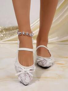 白色尖头平底鞋，蝴蝶结系带网眼套脚时尚法式乐福鞋，女士春秋新款休闲优雅通勤办公简约鞋 - 白色 - 查看 3