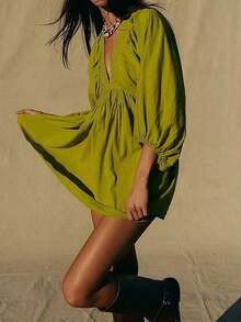New Spring/Summer Elegant Fashion Sexy Deep V-Neck Puff Sleeve Casual Mini Dress For Women, Vacation Boho & Western & Tropical & Sun Dress - 橄欖綠 - 查看 6