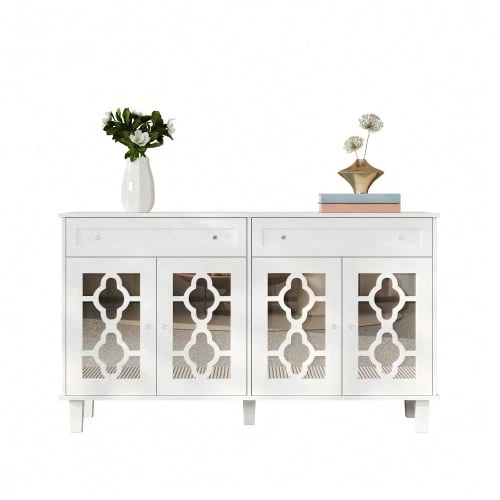 Sideboard With Four Mirrored Doors, Chest Of Drawers, Adjustable Shelves And Crystal Handles. - 白色 - 查看 1