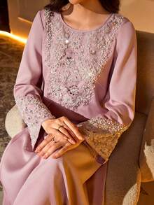 Elegant Pink Arabic Robe, Beaded Embellished, Long Sleeve Round Neck, Woven Fabric, Maxi Length Spring - Watermelon Pink - View 1