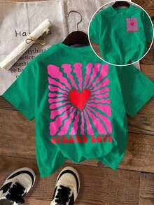 Camiseta de manga corta con estampado de corazón lindo para mujer, ideal para vacaciones, primavera y ropa de resort - Verde 2 - Ver 6