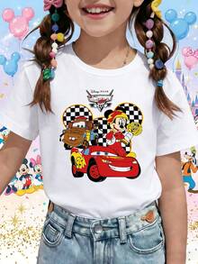 Disney Dis Pixar Cars Lightning McQueen Mater Mickey Checkered Racing Printed Pattern T-Shirts For Girls - Children's Clothing Design Short-Sleeved Casual And Cute Style Comfortable And Casual Wear All Year Round Suitable For Parties And Play Machine Washable Gift Children's Clothing Girls' Short-Sleeved Shirts - 白色 - 查看 1