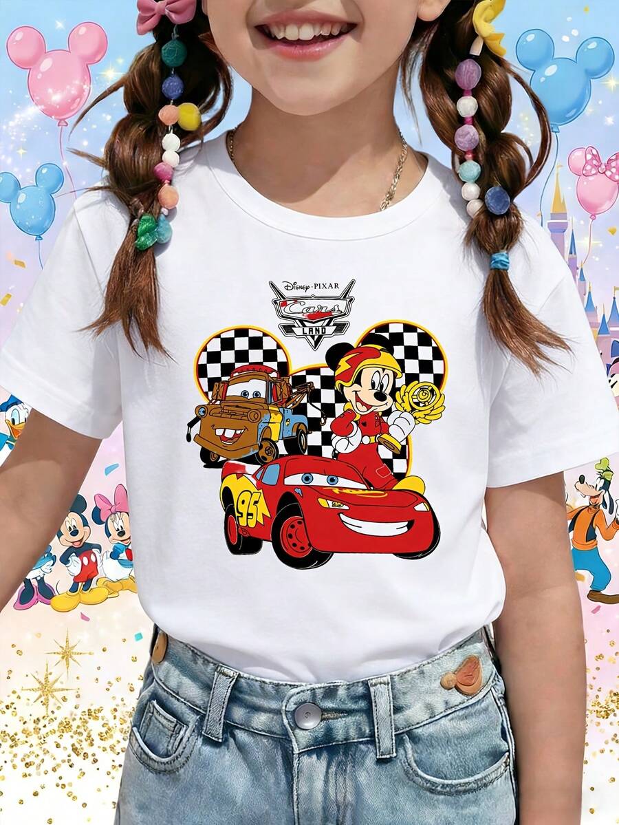 Disney Dis Pixar Cars Lightning McQueen Mater Mickey Checkered Racing Printed Pattern T-Shirts For Girls - Children's Clothing Design Short-Sleeved Casual And Cute Style Comfortable And Casual Wear All Year Round Suitable For Parties And Play Machine Washable Gift Children's Clothing Girls' Short-Sleeved Shirts - 白色 - 查看 1