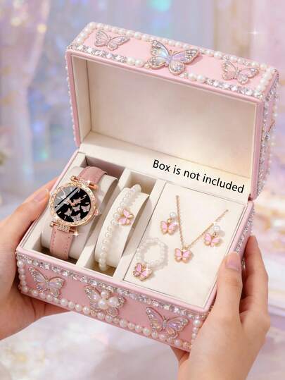 6pcs Elegant Butterfly Dial Quartz Watch Set With PU Leather Strap, Matching Pearl Butterfly Bracelet Necklace Ring Earring Jewelry Set, Suitable For Girls Wear On Graduation, Back To School, Family Gathering, Celebration, Party, Vacation, Travel, Ideal Graduation & Mother's Day Gift