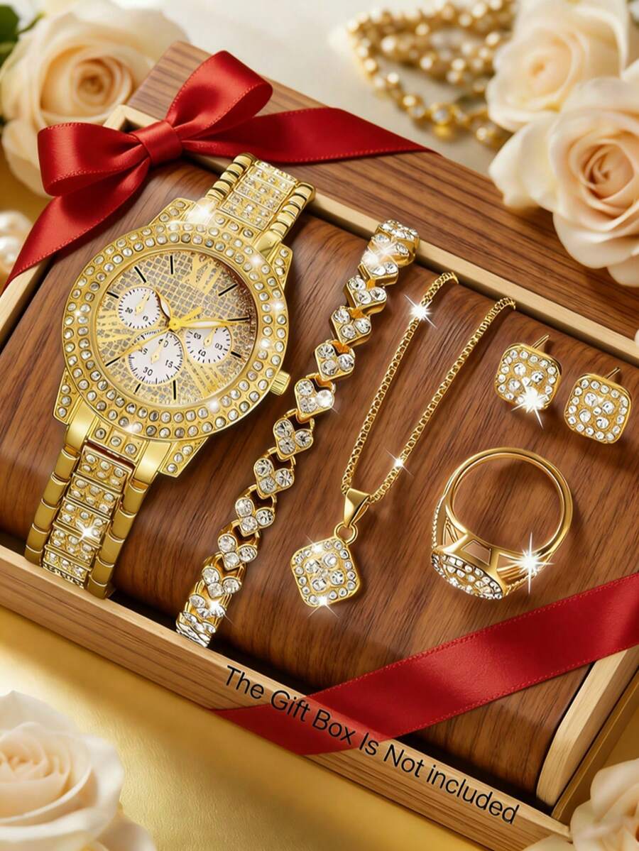 Bộ trang sức cao cấp gồm đồng hồ thạch anh nhỏ gọn bằng thép không gỉ và vòng tay, dây chuyền, nhẫn và bông tai thiết kế rỗng, đồng hồ đeo tay kim loại mạ vàng, thiết kế khảm nạm tinh tế, phù hợp cho sử dụng hàng ngày, dự tiệc, tiệc chiêu đãi, trang phục thanh lịch, quà tặng sinh nhật, quà tặng năm mới, quà tặng ngày Valentine cho người yêu. - Vàng - Xem 1