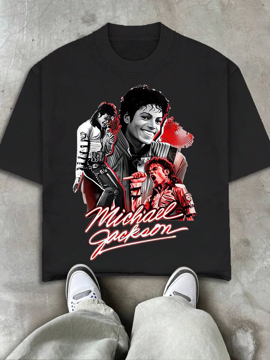 Von Dutch Men's Washed Vintage Crew Neck T-Shirt, 100% Cotton, 230g, Features A Patchwork Design Of Michael Jackson's Classic Stage Images, Giving It A Vintage, Distressed Look. Suitable For Everyday Commuting, Street Style, Music Festivals, And Gatherings With Friends, It's An Ideal Choice For American Streetwear And Summer Wear. It Also Makes A Wonderful Easter Or Valentine's Day Gift For Your Boyfriend. - 黑色 - 查看 1